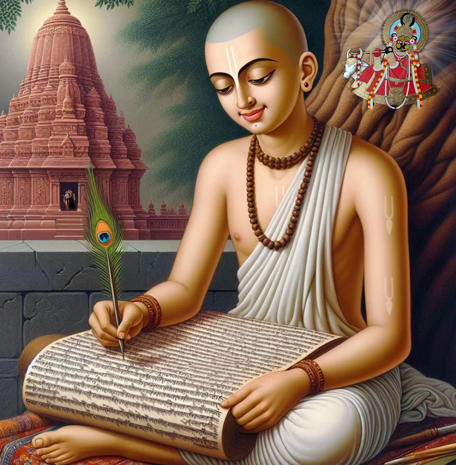 Illustration of Srila Baladeva Vidyabhushana writing on palm leaves with a peacock-feather quill, a temple behind him