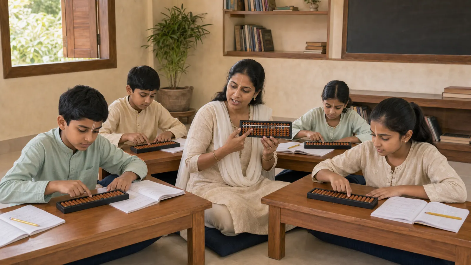 Children working through a mathematics lesson on wooden abacus frames