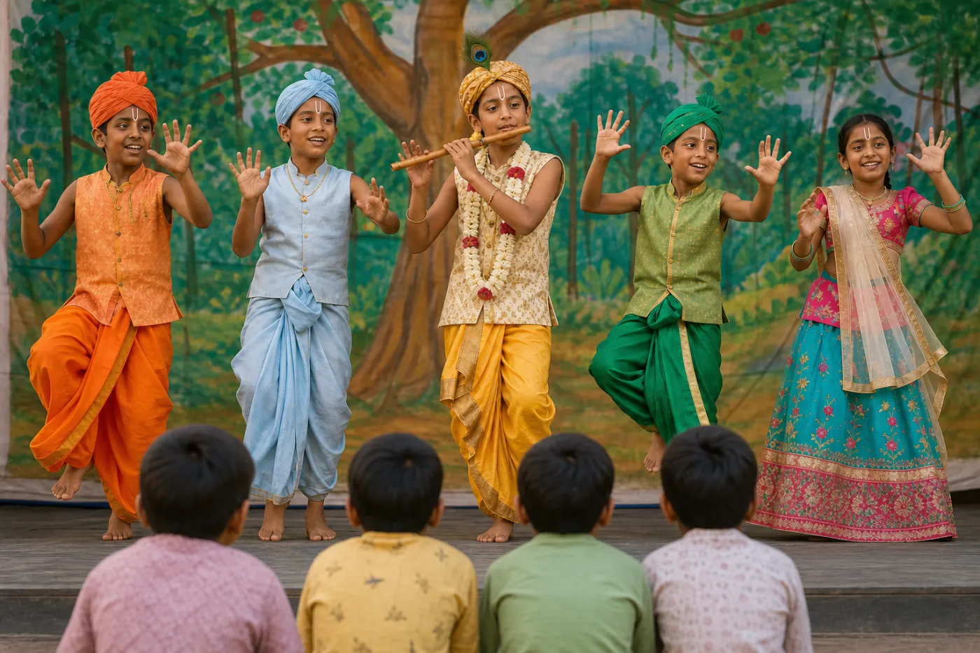 Children in Krishna-lila costume performing on a school stage while classmates clap and laugh