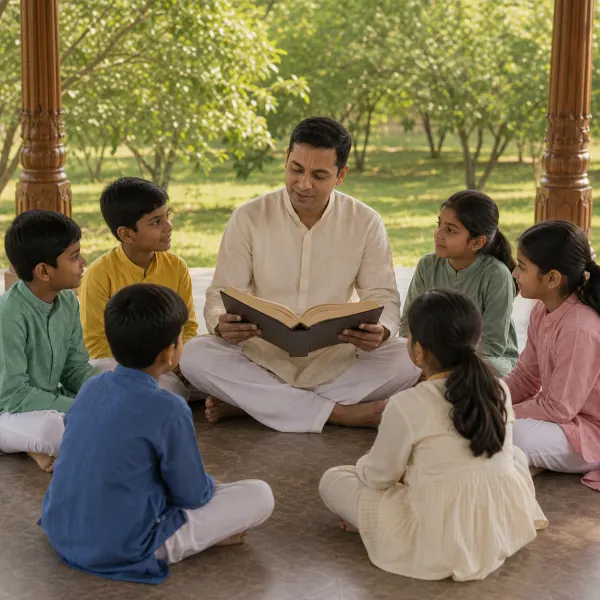 A male teacher reading Srimad-Bhagavatam with children seated around him in an open pavilion
