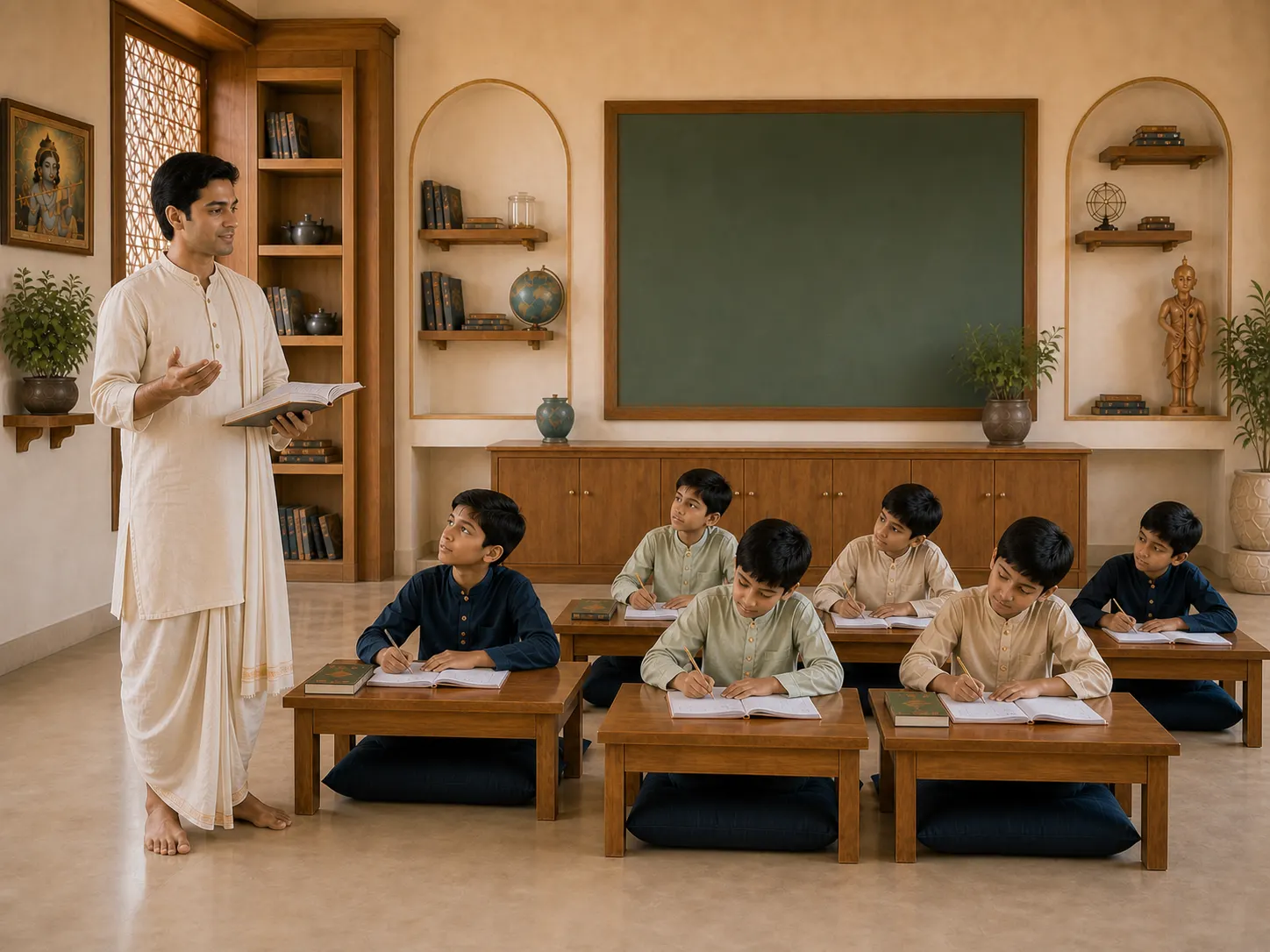 A male teacher guiding boys as they study at low wooden desks in a calm classroom