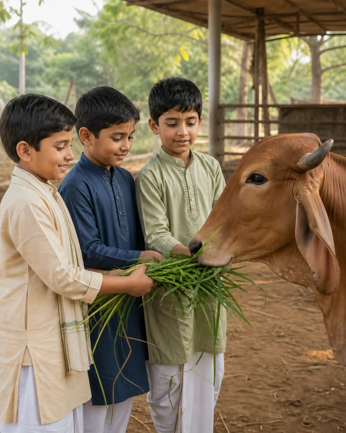 Three boys offering an armful of fresh green grass to a cow at an open farm shelter