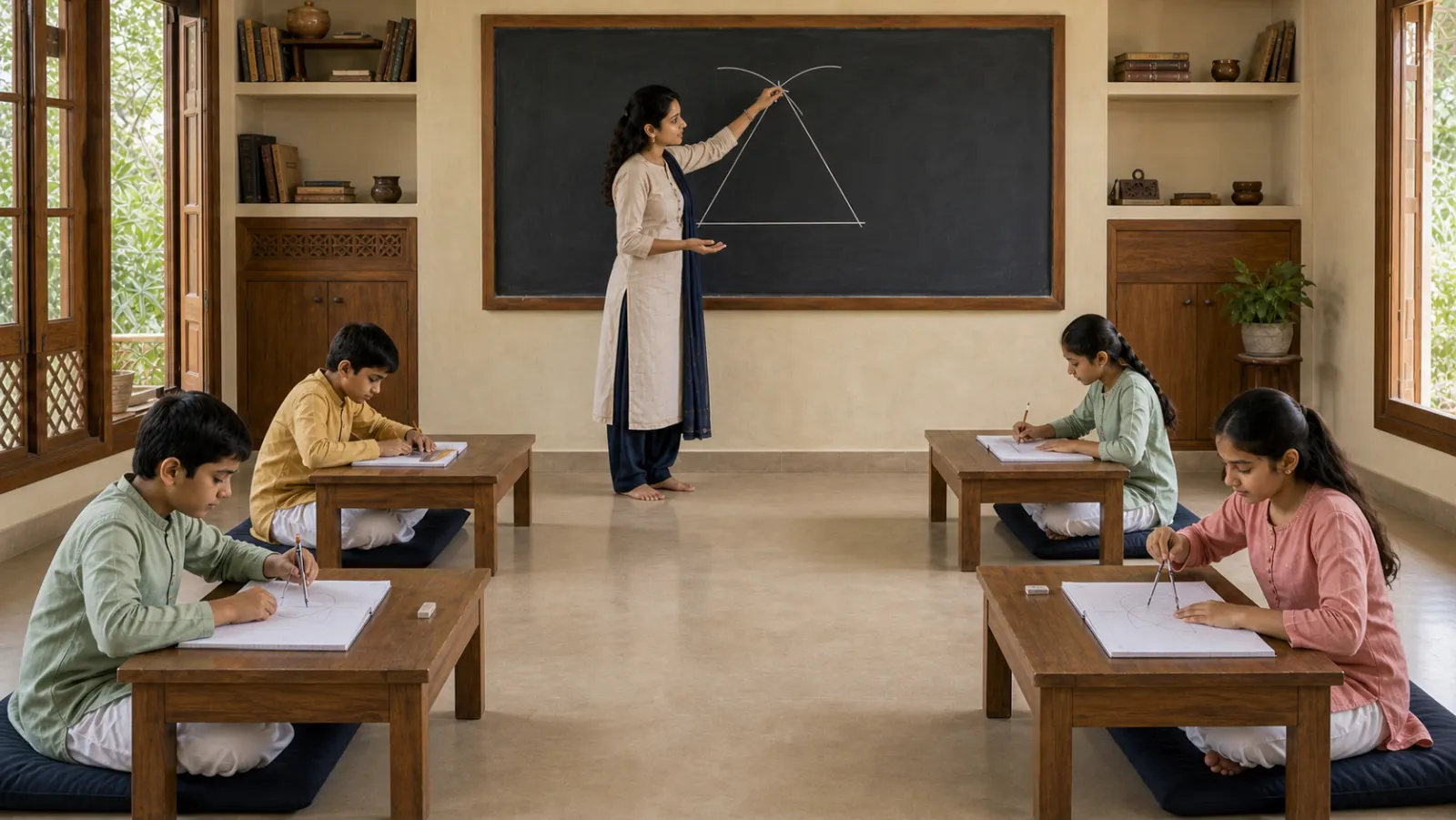 A teacher constructing a triangle on the blackboard while children copy the figure into notebooks
