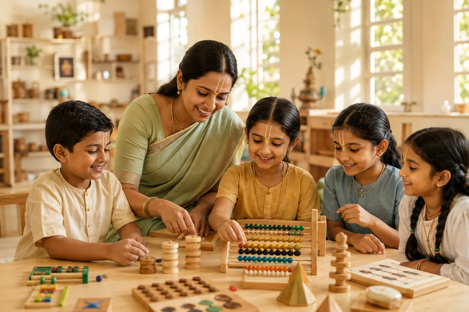 A teacher and children exploring counting materials and wooden models around a low table