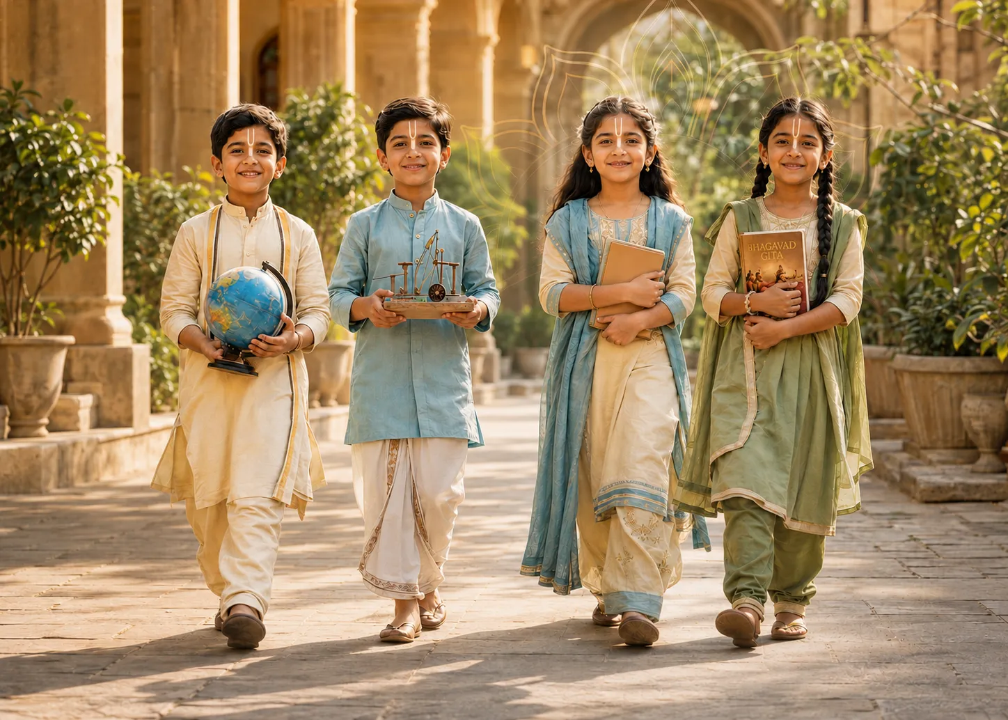 Four children in traditional dress walking together through a sunlit courtyard, carrying a globe, a model, and books