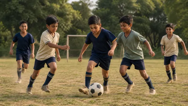 Boys playing a football match on an open grass field beside a goalpost