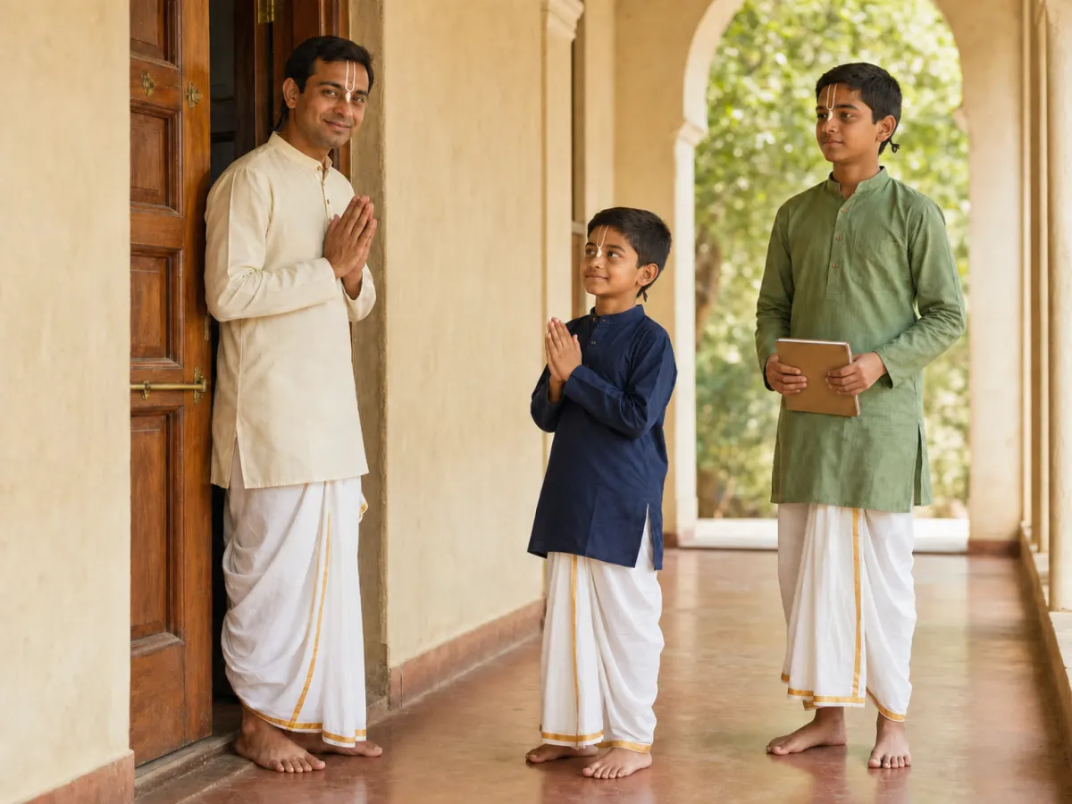 A boy greeting his teacher with folded hands at a classroom doorway while an older boy helps a younger one gather a dropped notebook