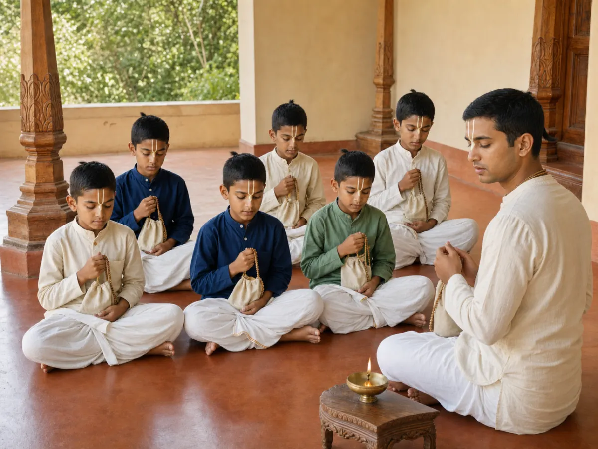 Boys in dhoti-kurta chanting on japa beads alongside their teacher on a shaded veranda in the early morning