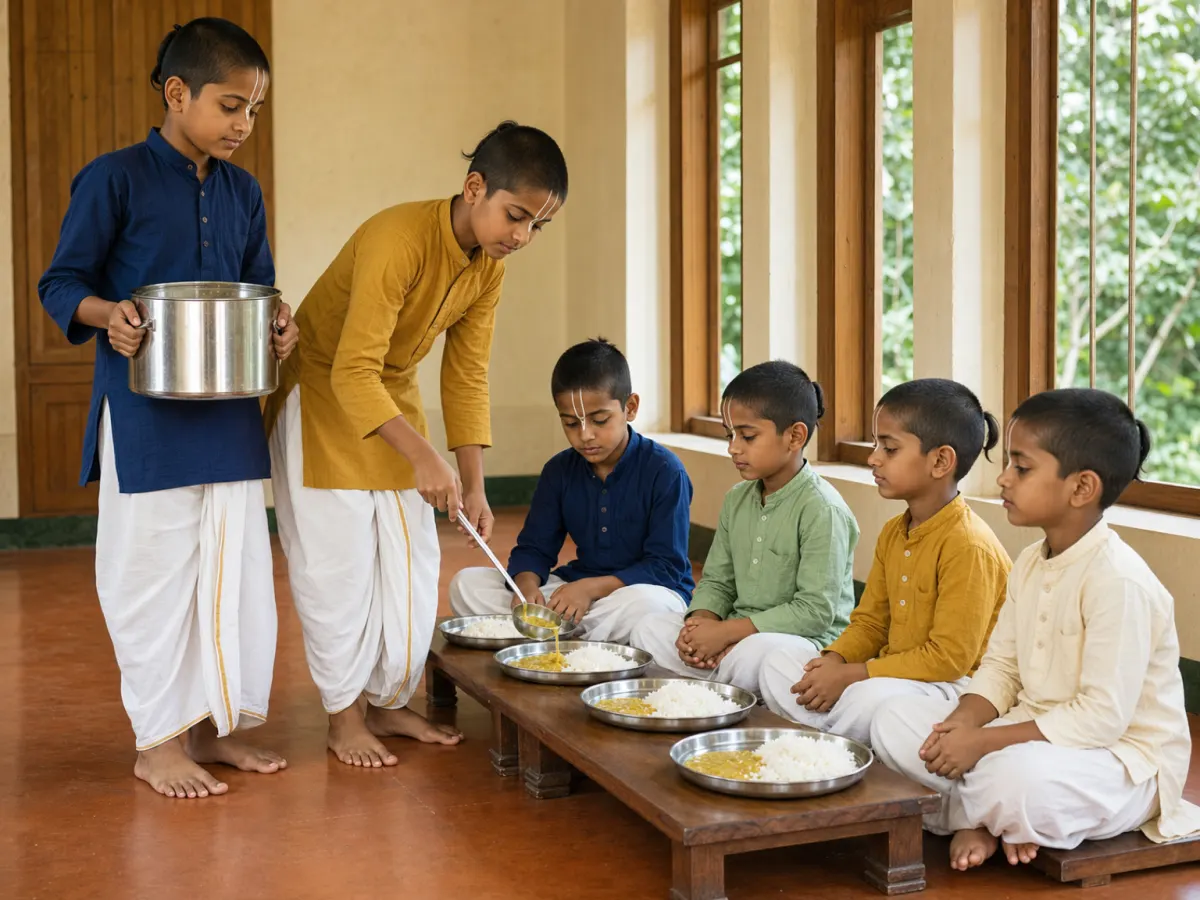 Two older boys serving rice and dal to younger boys seated in a row in the dining hall